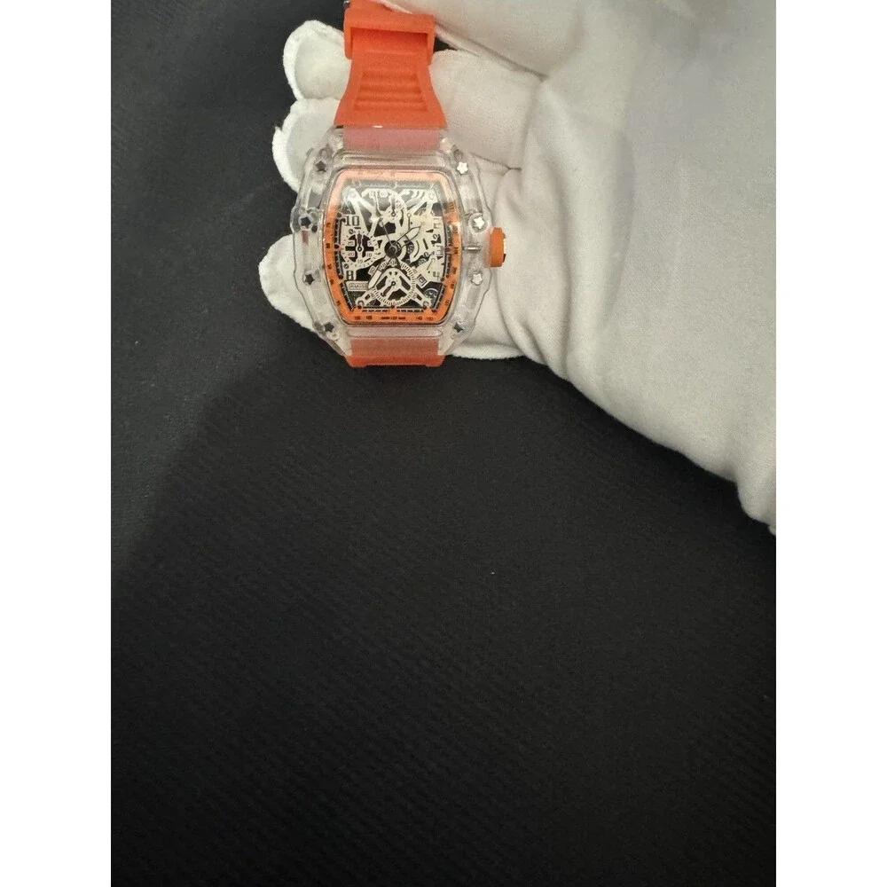 Skeleton Dial Quartz Chronograph Watch Clear Case Orange Rubber Strap